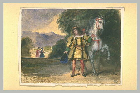 Page en costume Renaissance tenant un cheval dans un paysage, image 2/2