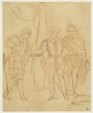 Hamlet, Guildenstern et une autre figure, debout, devant une draperie, image 1/2