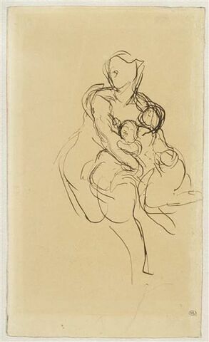 Femme nue tenant deux enfants dans ses bras