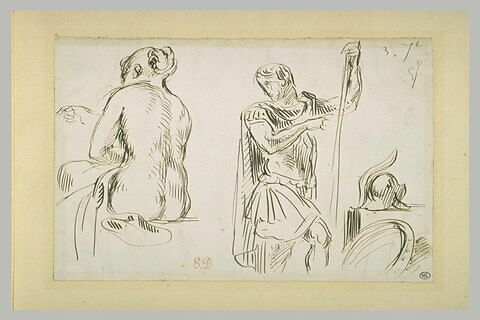 Femme nue assise, de dos, et guerrier antique