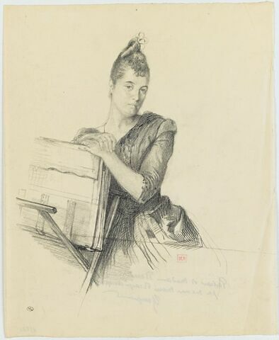Madame Beraldi, assise, de face, appuyée sur un carton à dessin, image 1/2