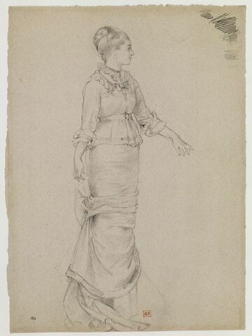 Portrait de femme, debout, de profil à droite, le bras gauche en avant