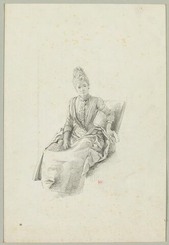 Femme, assise dans un fauteuil, vue de face, image 1/2