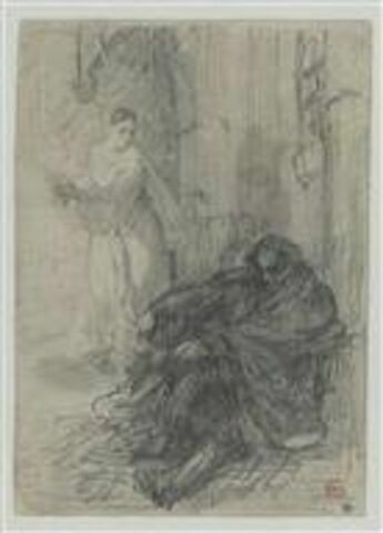 Femme apportant une flamme à un homme assis contre un mur, image 1/2