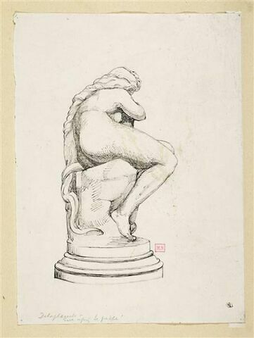Statue de femme nue, assise sur un rocher, de dos, tournée vers la droite, image 1/2