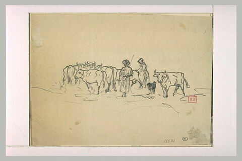 Deux paysannes et un chien gardant un troupeau de vaches, image 1/1