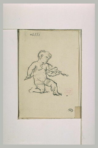 Enfant nu, le genou droit en terre, de trois quarts, jouant du violon