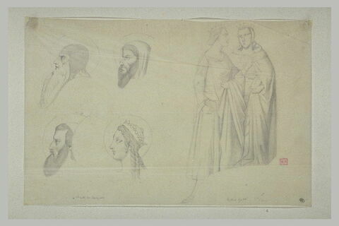 Trois têtes de profil de saints et une de sainte ; deux reines debout