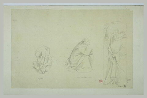 Deux hommes luttant ; un moine accroupi ; un moine debout levant un bras
