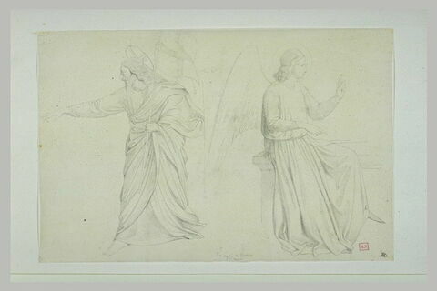 Christ debout tendant le bras droit, portant l'étendard ; ange assis, image 1/1
