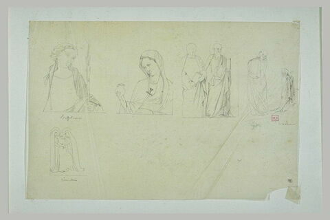 Homme en buste ; Vierge Marie ; hommes drapés ; figure de dos ; femme priant