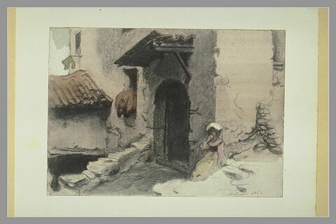 Une petite italienne, assise à la porte d'une maison, mangeant un fruit, image 1/1