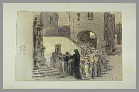 Une procession à la poterne d'une porte de ville du Moyen-Age