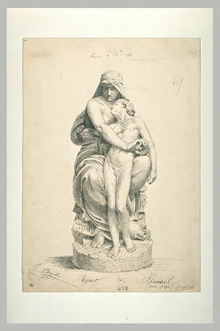 Statue de femmes assise, tenant dans ses bras un enfant : Agar et Ismaël
