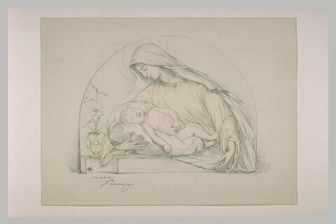 Vierge, vue à mi-corps, et l'Enfant sur un coussin, image 1/1