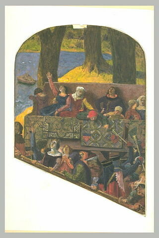 Figures médiévales occupant des balustrades en gradins, au bors d'un lac, image 1/1