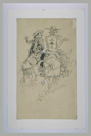 Deux hommes sur des mules et l'un deux tenant un feuillet marqué Ostende