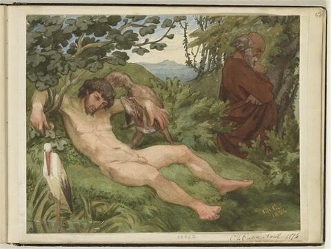 Homme nu, étendu dans un paysage, et un autre lui tournant le dos, méditant