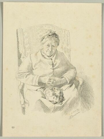 Vieille dame assise sur un fauteuil, de face, un chat sur les genoux