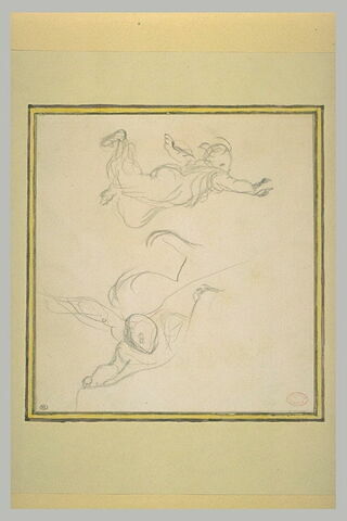 Femme volant dans les airs, les bras écartés, et homme vu en raccourci, image 1/1