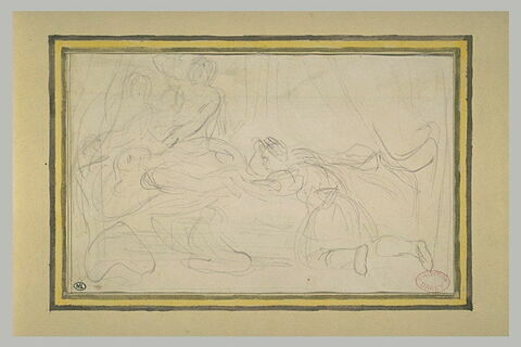 Femme étendue sur un lit, entourée de trois personnages, image 2/2
