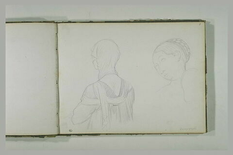 Femme drapée, vue en buste, de dos ; tête de femme, de trois-quarts vers la gauche, image 1/1