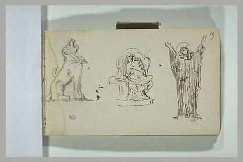 Statue de figure assise, d'un lion rugissant et d'une figure debout