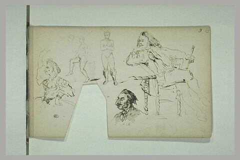 Deux études d'homme nu, femme dansant, homme assis et tête d'homme, image 1/1
