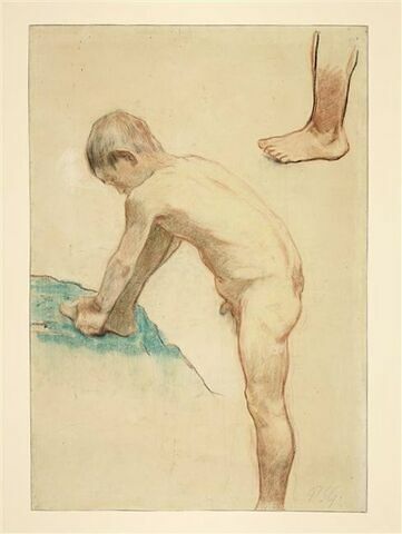 Jeune garçon nu, tenant son pied droit à deux mains