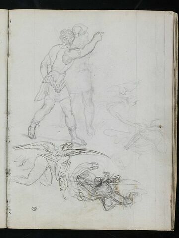 Deux guerriers antiques avançant vers la droite ; groupe d'anges combattant