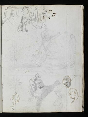 Recherche pour une composition avec Dante ; têtes d'hommes et de lions