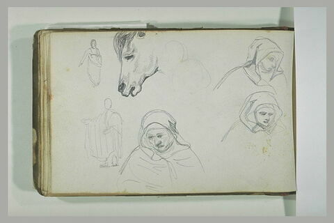 Tête de cheval, deux silhouettes drapées et trois études d'une religieuse, image 1/1