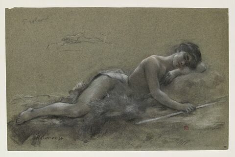 Femme nue, couchée, la tête posée sur son bras gauche, image 1/2