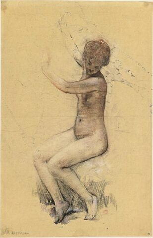 Femme nue, assise, la tête baissée, les bras rejetés en arrière, image 1/2