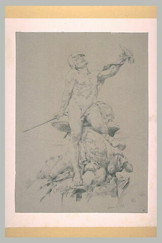 Homme à cheval sur un rocher, la main droite posée sur la lame d'une épée