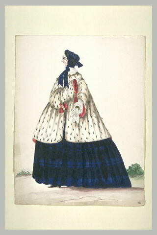 Vieille dame vêtue d'une robe bleue et noire et d'un manteau d'hermine, image 1/1