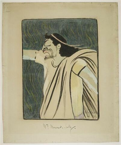 Portrait-charge de Mounet-Sully dans 'Oedipe-Roi' (1899) à mi-corps en toge