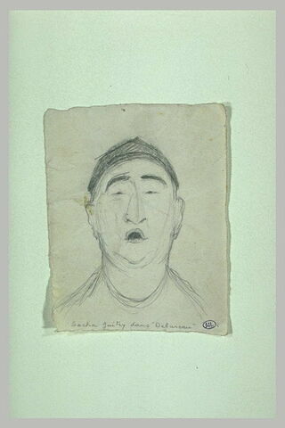 Croquis caricatural d'une tête d'homme de face, bouche ouverte
