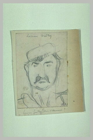 Croquis caricatural d'une tête d'homme de face, avec béret et moustaches