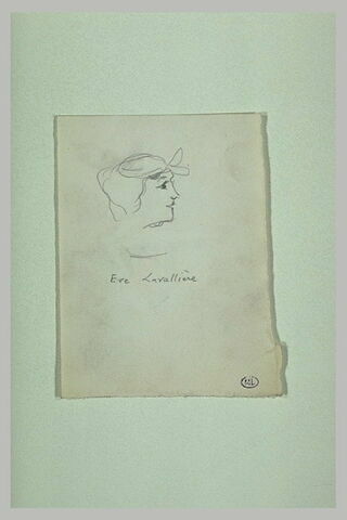 Croquis d'une tête de femme, avec petit noeud sur le front:Eve Lavallière, image 1/1