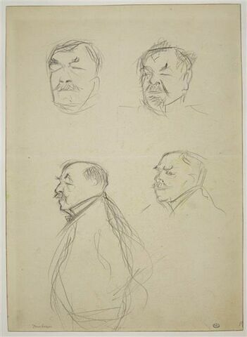 Quatre croquis caricaturaux d'une tête d'homme : Octave Mirbeau