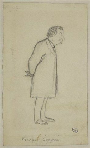 Croquis caricatural d'un homme, de profil, mains derrière le dos : F. Coppée