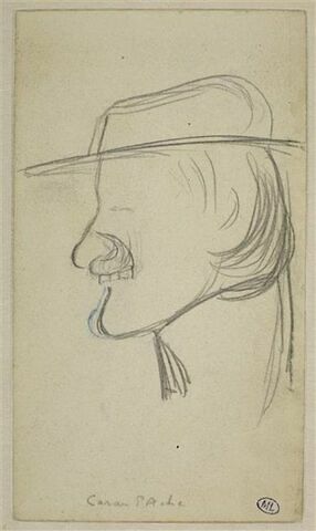 Croquis caricatural d'une tête d'homme, coiffée d'un chapeau : Caran d'Ache