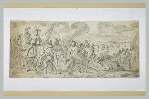 Scène de bataille avec soldats transportant un blessé, image 1/1