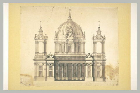 Elévation d'une façade d'église à colonnade, avec coupole, image 1/1