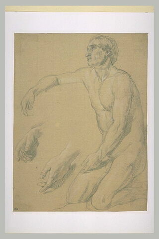 Homme nu, agenouillé, de trois quarts à gauche ; deux reprises de ses mains
