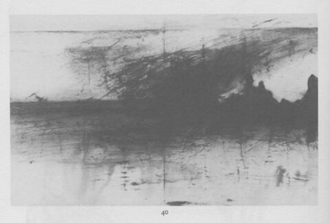 Pluie d'orage : trainées d'encre brune sur papier gris-bleu, image 1/1