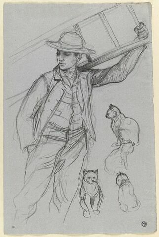 Jeune homme portant une échelle, et quatre croquis de chats