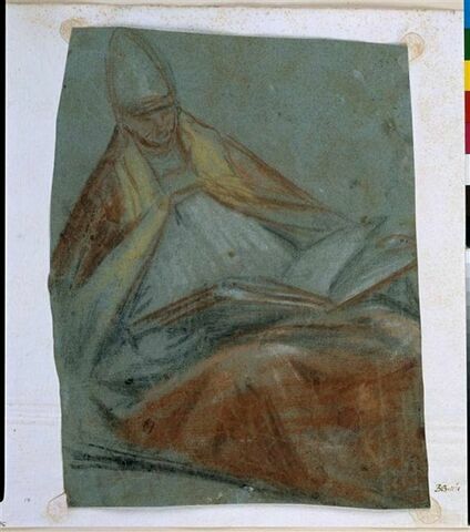 Figure d'évêque assis, tourné vers la droite, un livre sur les genoux, image 1/2