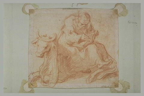 Saint Luc écrivant dans un grand livre, assis sur son taureau